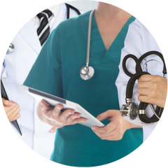 Nurse holding clipboard, Doctor holding stethoscope 